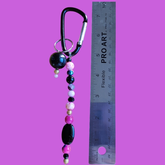 Pink, Black & Gold Hand Crafted Beaded Keychain - Picture 7 of 8